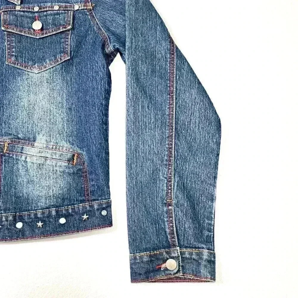 NEESO London Women's Jean Jacket L Metal Studs Patches Red New York Retro Y2K - Picture 12 of 16